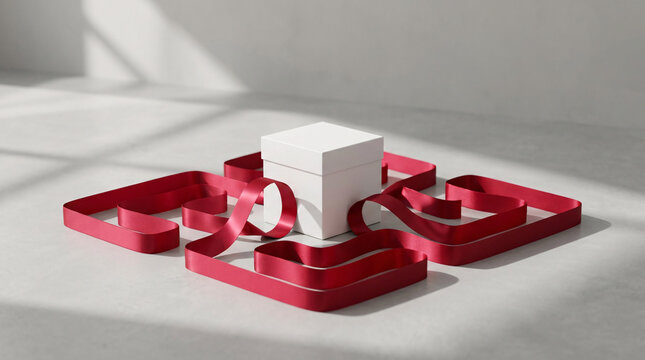A pristine white gift box and an elegant red ribbon maze on a concrete surface serving as a minimalist background for a luxury shopping festival campaign