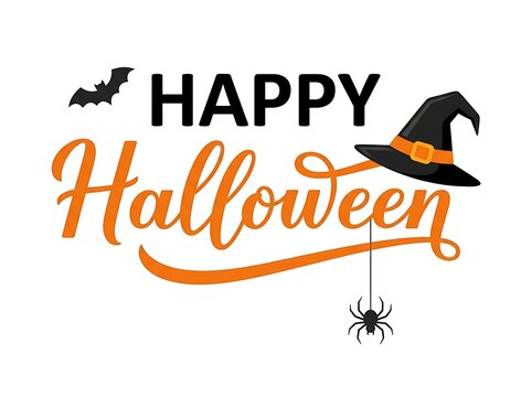 Happy halloween lettering with witch hat, bat and spider isolated on white background