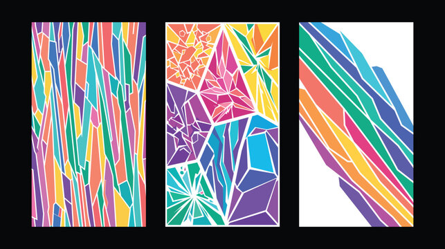 Abstract colorful triptych art with vertical brushstrokes and shapes