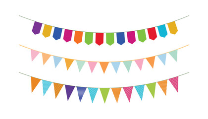 Obraz premium Three strings of colorful bunting flags vector illustration of festive party garlands with various shapes, solid colors, and patterned designs