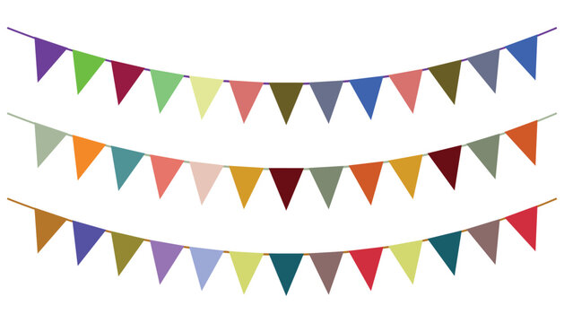 Colorful party bunting flags in three rows, vibrant triangular pennant banners for celebration, festival, or party decoration