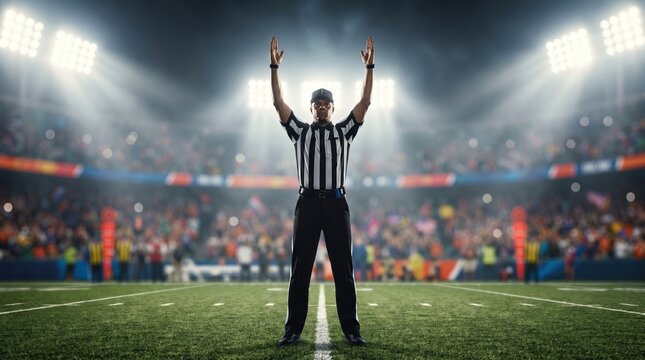 American Football Referee Signaling Touchdown in Crowded Stadium at Night