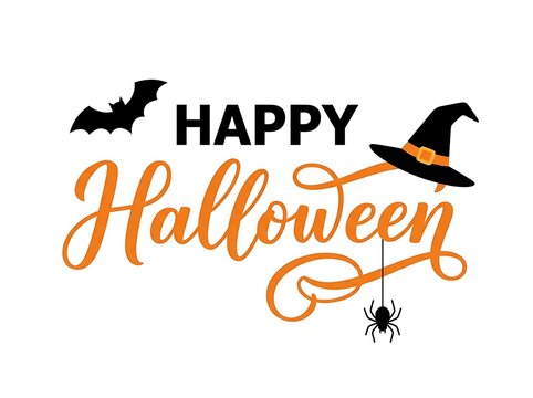 Happy halloween greeting card with witch hat, bat and spider