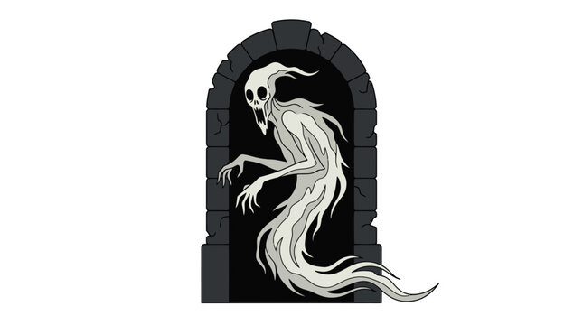 Spooky ghost emerging from dark arched doorway