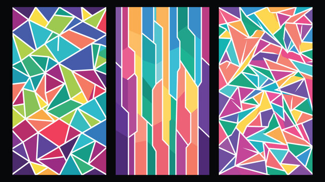 Colorful abstract geometric art triptych with vibrant shapes