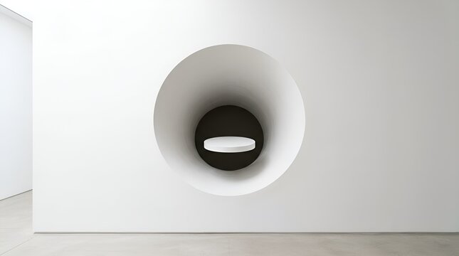 Minimalist white room with circular opening, modern architectural wall niche, avant-garde interior design concept, white space