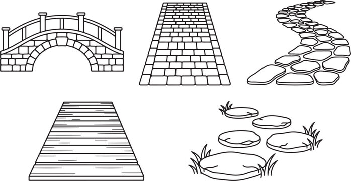 Set of hand drawn garden path and bridge elements in black and white vector line art style