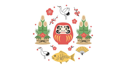 Naklejka premium Japanese New Year traditional symbols flat vector illustration set.