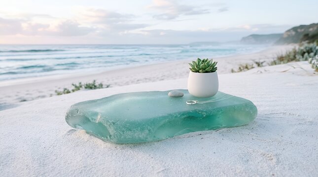 Water-worn Sea Glass Coffee Table. Polished Turquoise Beach Glass Surface with White Succulent Planter. Modern Boho Coastal Living Room Decor. Unique Sustainable Furniture Design Concept on