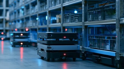 Fototapeta premium Autonomous mobile robots navigate through a modern warehouse aisle with tall shelving units under cool blue lighting