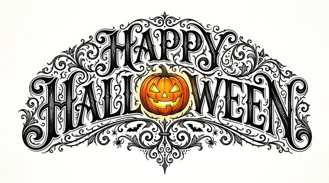 Happy halloween vintage typography with carved pumpkin isolated on white background