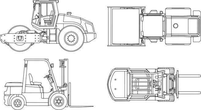 Technical line drawings of a road roller and a forklift in side and top views