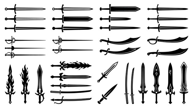 Collection of Various Sword Silhouettes Isolated