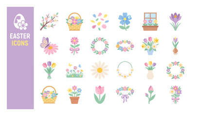Obraz premium Easter icons set in pastel colors, spring floral vector collection, flat garden flower elements for holiday greeting cards