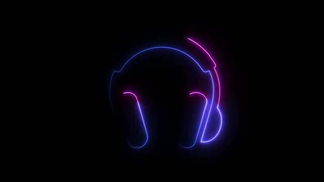 Glowing neon headphones icon animation with vibrant purple and blue light lines on black background