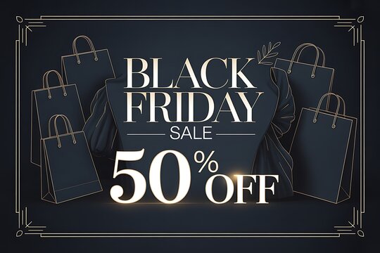 Black friday sale banner with a fifty percent off discount on a dark background