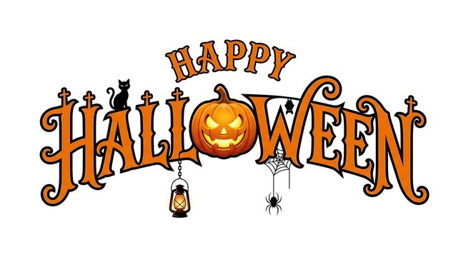 Happy halloween text with pumpkin, black cat, spider web, and lantern