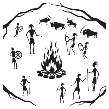 Tribal cave painting vector illustration with hunters warriors campfire and bison for ancient history and primitive culture themes