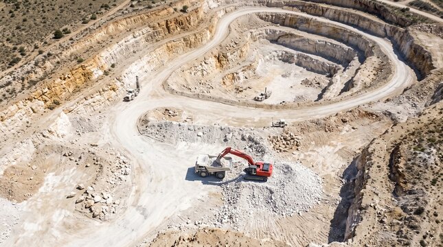 Aerial view of heavy excavator loading truck in deep open pit quarry mine site 202608252353