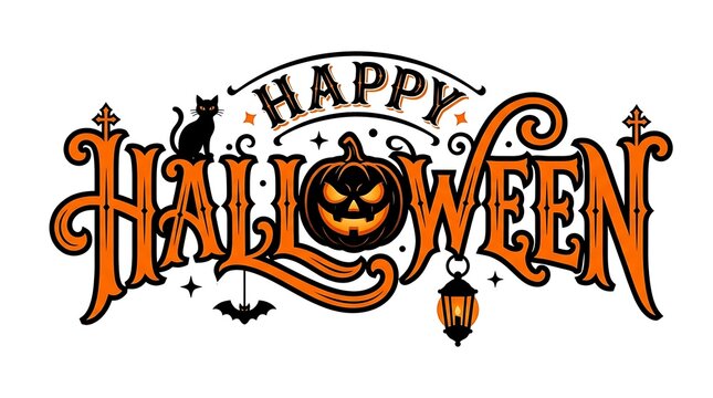 Happy halloween typography design with pumpkin, cat, bat and lantern