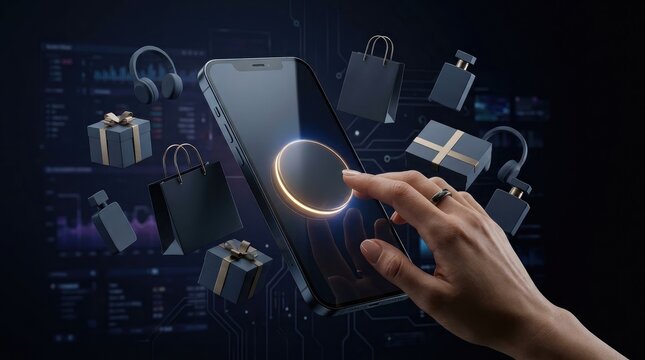 Online Mobile Commerce App with Financial Dashboard and Floating Shopping Items