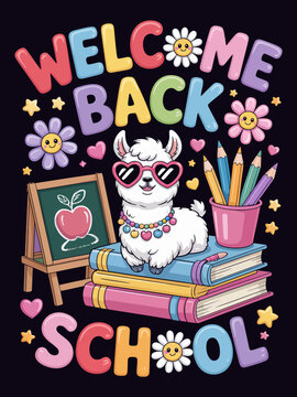 Welcome Back School cute llama with books pencils chalkboard art
