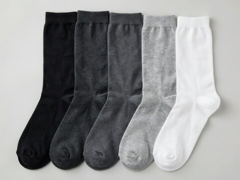 Five pairs of socks in a gradient of colors from black to white