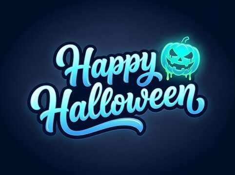 Happy halloween neon glowing lettering with a spooky dripping pumpkin icon