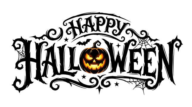 Happy halloween text with scary pumpkin isolated on white background