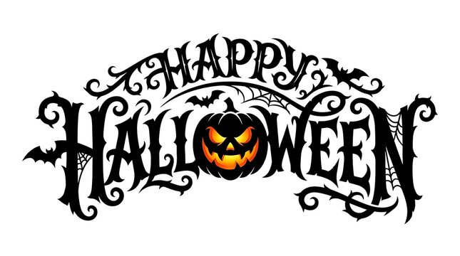 Happy halloween text with scary pumpkin and bats isolated on white background
