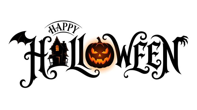 Happy halloween text design with haunted house and pumpkin isolated on white
