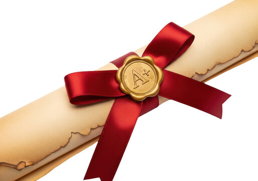 A plus grade diploma scroll with red ribbon isolated on transparent background