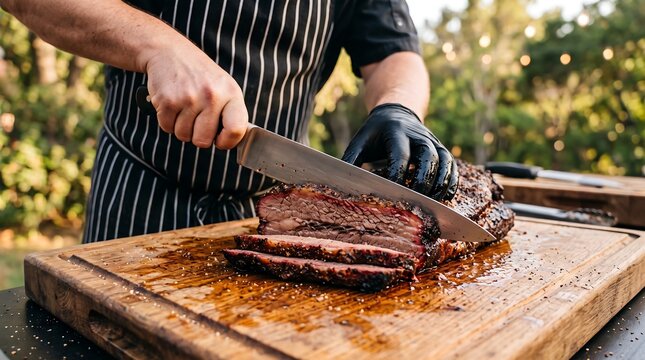 A chef wearing black gloves and a pinstripe apron slices hot smoked beef brisket on a wooden cutting board during an outdoor barbecue setting.