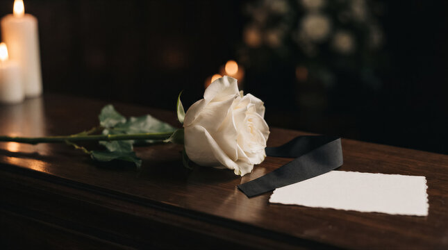 White rose with a black ribbon and a blank note on a wooden coffin during a funeral ceremony