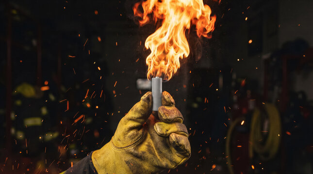 Closeup of a firefighters gloved hand holding a burning lithiumion battery, representing fire hazards and safety risks