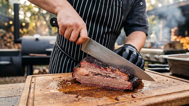 A chef wearing black gloves and a pinstripe apron slices hot smoked beef brisket on a wooden cutting board during an outdoor barbecue setting.