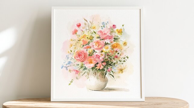 Soft watercolor bouquet of summer flowers in pastel tones