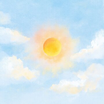 Soft watercolor sun over a pastel sky with fluffy clouds