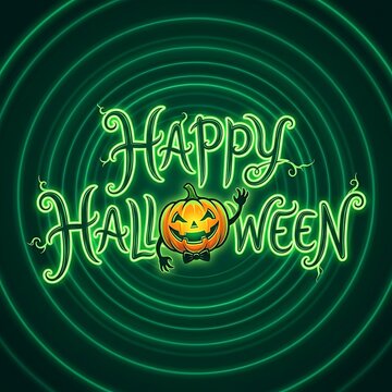 Neon green happy halloween sign with cute jackolantern character