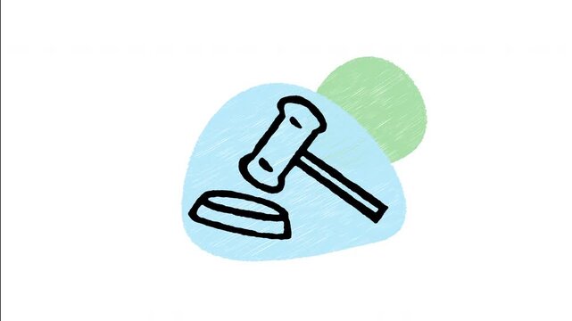 An animated hand-drawn wooden judge gavel or auctioneer mallet resting on a sound block base. Perfect for legal advice, auction houses, court law, online bidding, and justice themes. 
