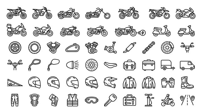 Modern Motorcycle and Motorbike Outline Icon Collection Featuring Dirt Bikes, Cruisers, Enduros, Choppers, Sportbikes, Electric Bikes, Helmets, and Gear
