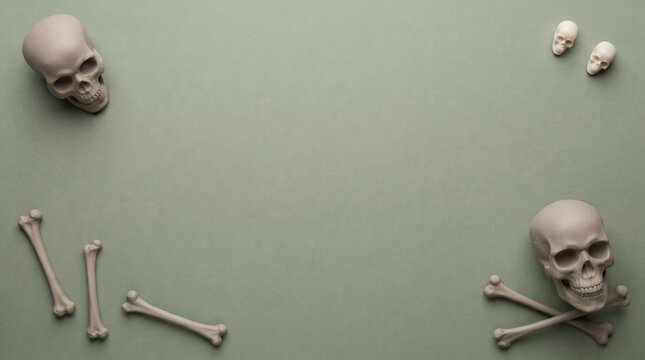 Minimalist skull and crossbones corner arrangement on muted sage green background flat lay with central copy space