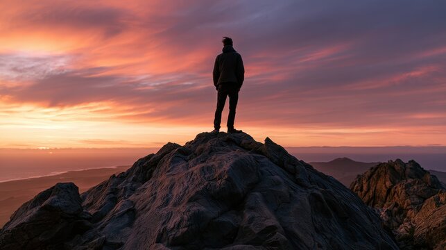 Solitary man on a cliff at sunset, a moment of calm against a dramatic coastal landscape