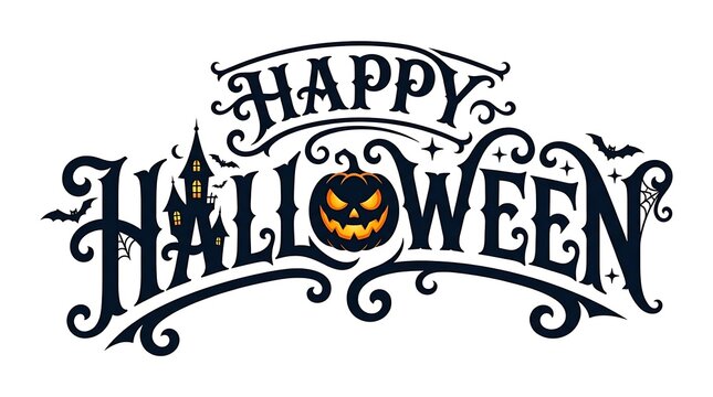 Happy halloween text with spooky pumpkin and haunted house isolated on white background
