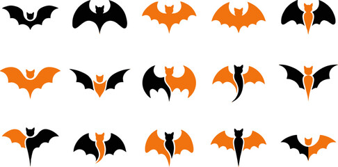 Fototapeta premium A collection of various black and orange bat illustrations designed for creative halloween party decorations and festive projects