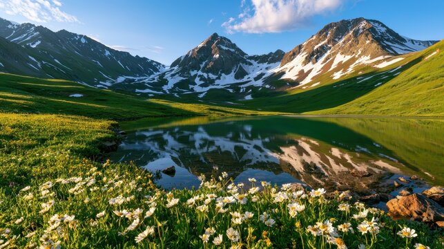 Spring Alpine Panorama: Snow-dusted Peaks, Blooming Meadows, and a Crystal Lake