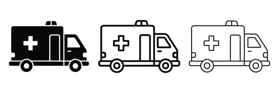 Ambulance icon silhouette vector, bold outline and line art isolated illustration
