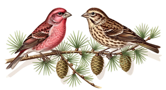 Detailed House Finch and sparrow perched on pine branch.