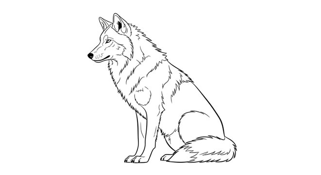 Detailed sitting wolf line art drawing.