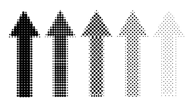 Five halftone arrows with gradient opacity for business growth and progress design elements.